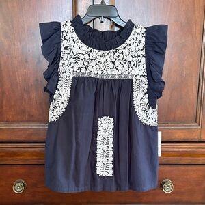⭐️ NWT ⭐️ J Marie navy & white ruffle sleeve embroidery top, XS